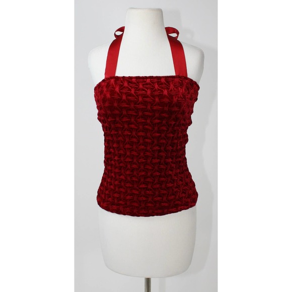 Y2k Wine Velvet Strapless Halter Top Bandeau Smocked Shirred Christmas Winter - Picture 2 of 8